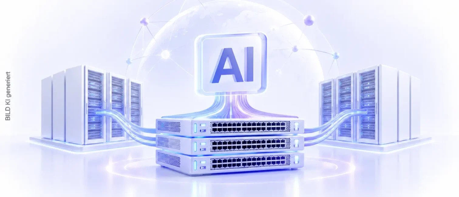 Vernetzte KI-Server und Netzwerk-Switches zeigen die Infrastruktur für große KI-Cluster in Rechenzentren.
