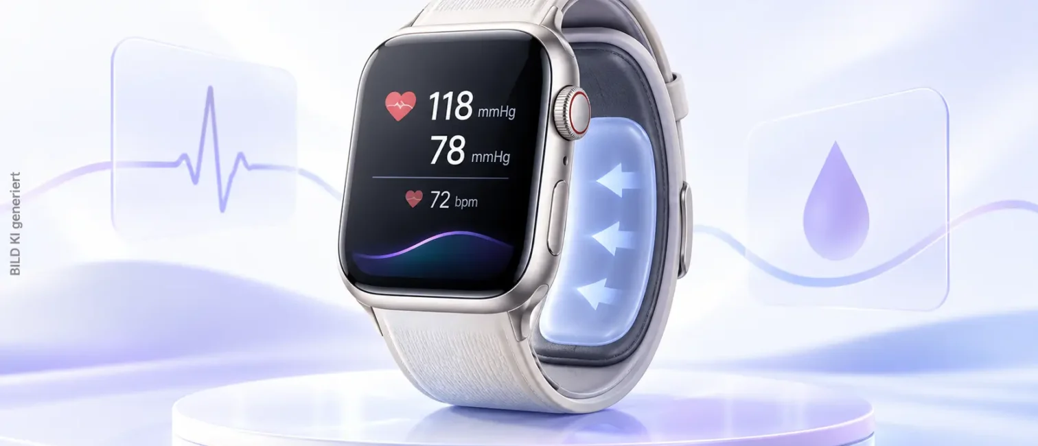 Huawei Watch D3 mit integrierter Blutdruckmessung, dargestellt als helle Smartwatch mit Manschette und Gesundheitsanzeige.