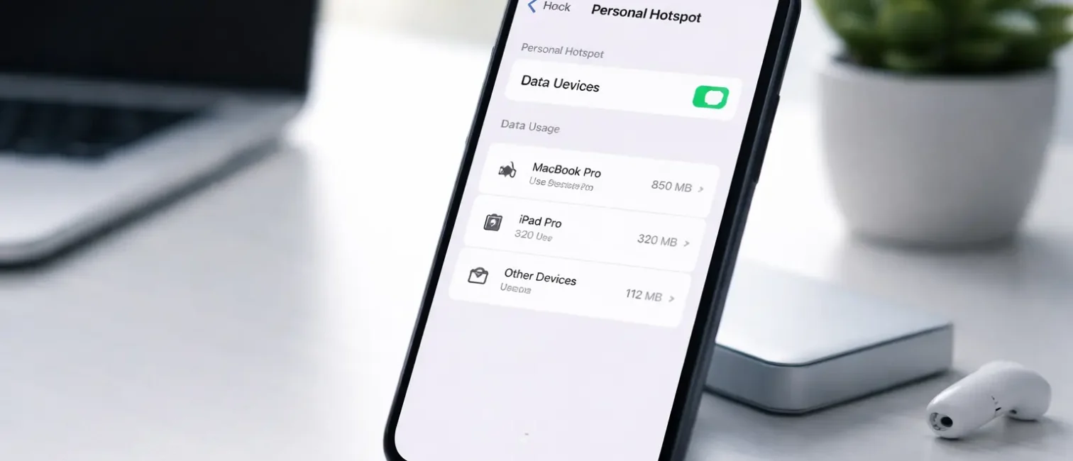 Minimalistische Nahaufnahme eines Smartphones mit aktivem Hotspot vor neutralem Hintergrund, rechts im Bild platziert