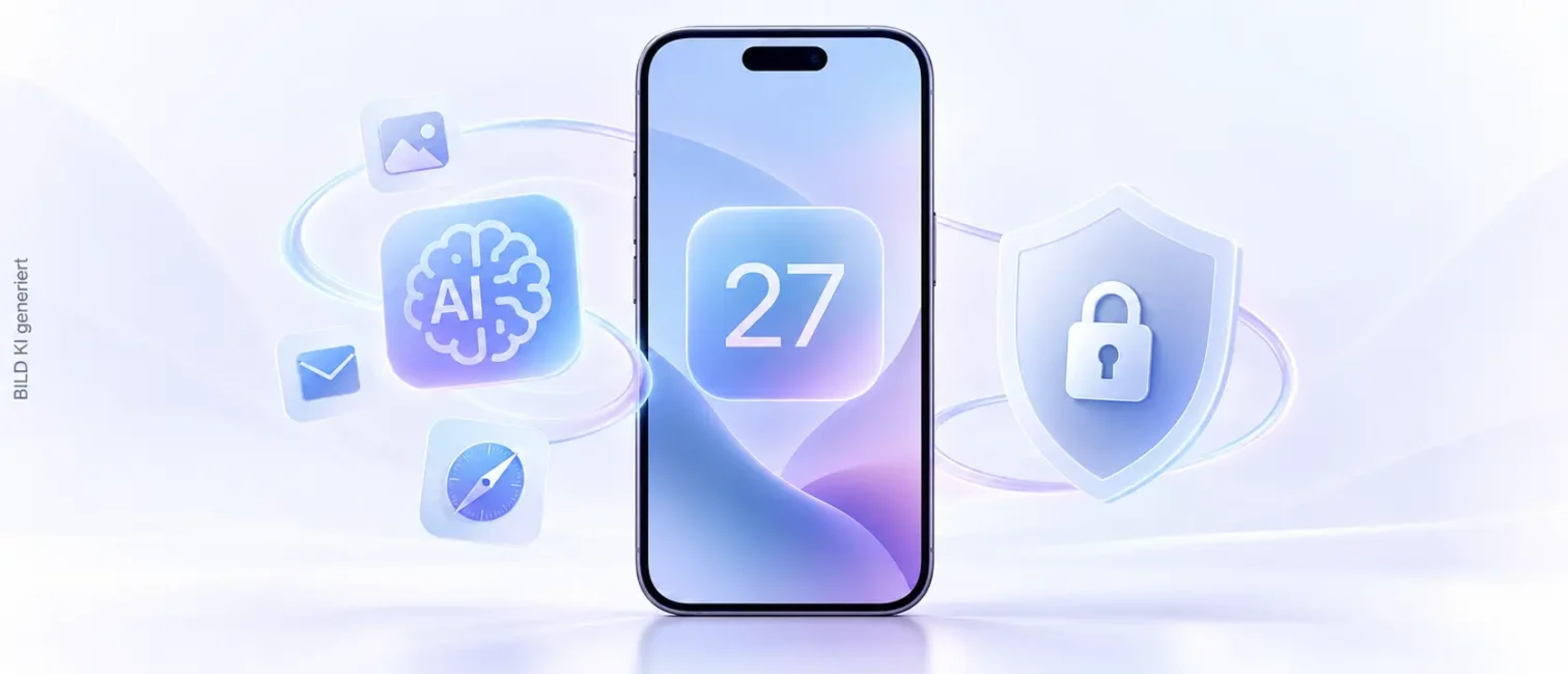 Helles 3D-Motiv zu iOS 27 mit Smartphone, KI-Symbol und Schutzschild in Blau- und Violetttönen.