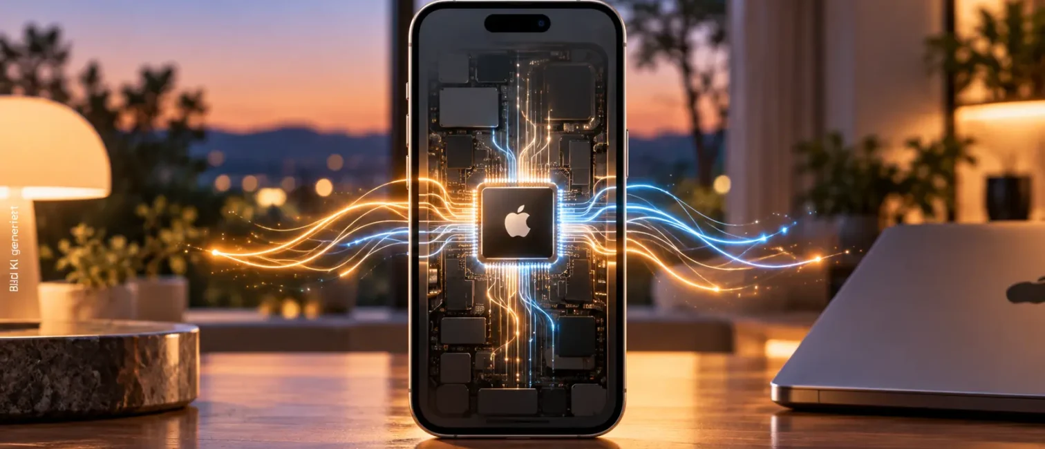 iPhone mit sichtbarem Chip und Leiterbahnen als Sinnbild für KI-Verarbeitung direkt auf dem Gerät.