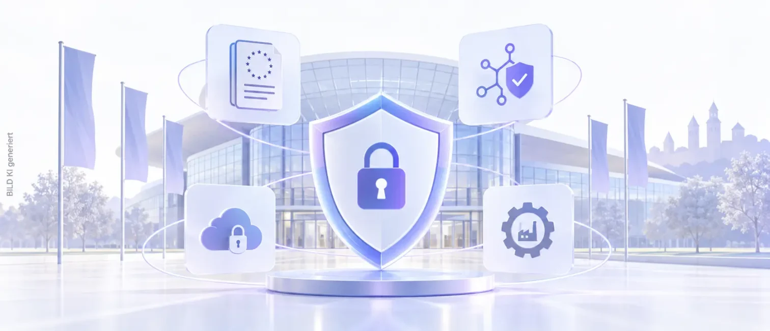 Helles Security-Keyvisual mit zentralem Schutzschild, Cloud, EU-Dokument und OT-Symbolen vor einer Messehalle.