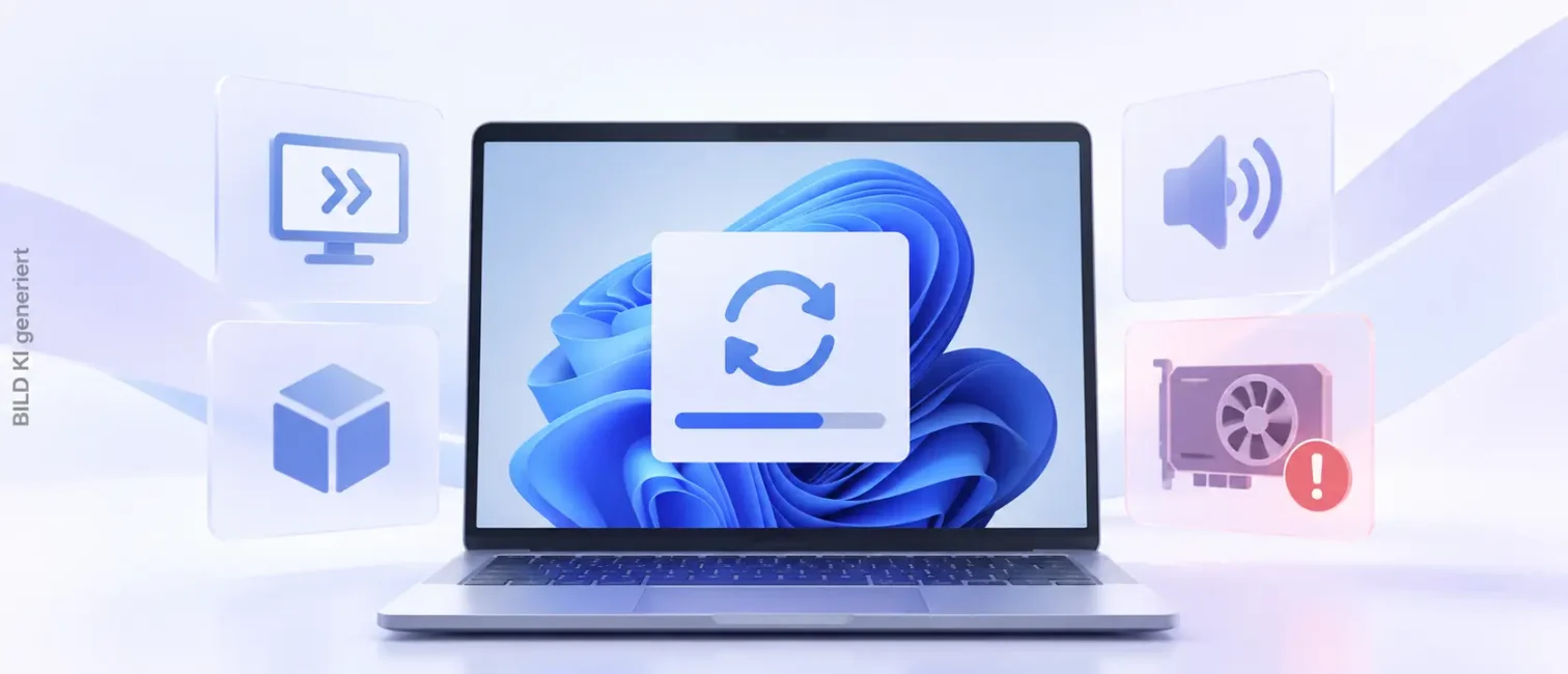 Windows-11-Laptop mit Update-Symbol, RDS-, Audio- und GPU-Elementen zum Notfall-Update KB5129195.