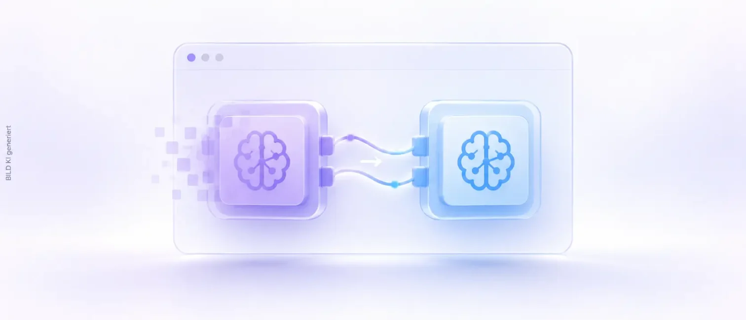 Zwei stilisierte KI-Module in Violett und Blau sind durch Linien verbunden und zeigen den Wechsel eines Modells.