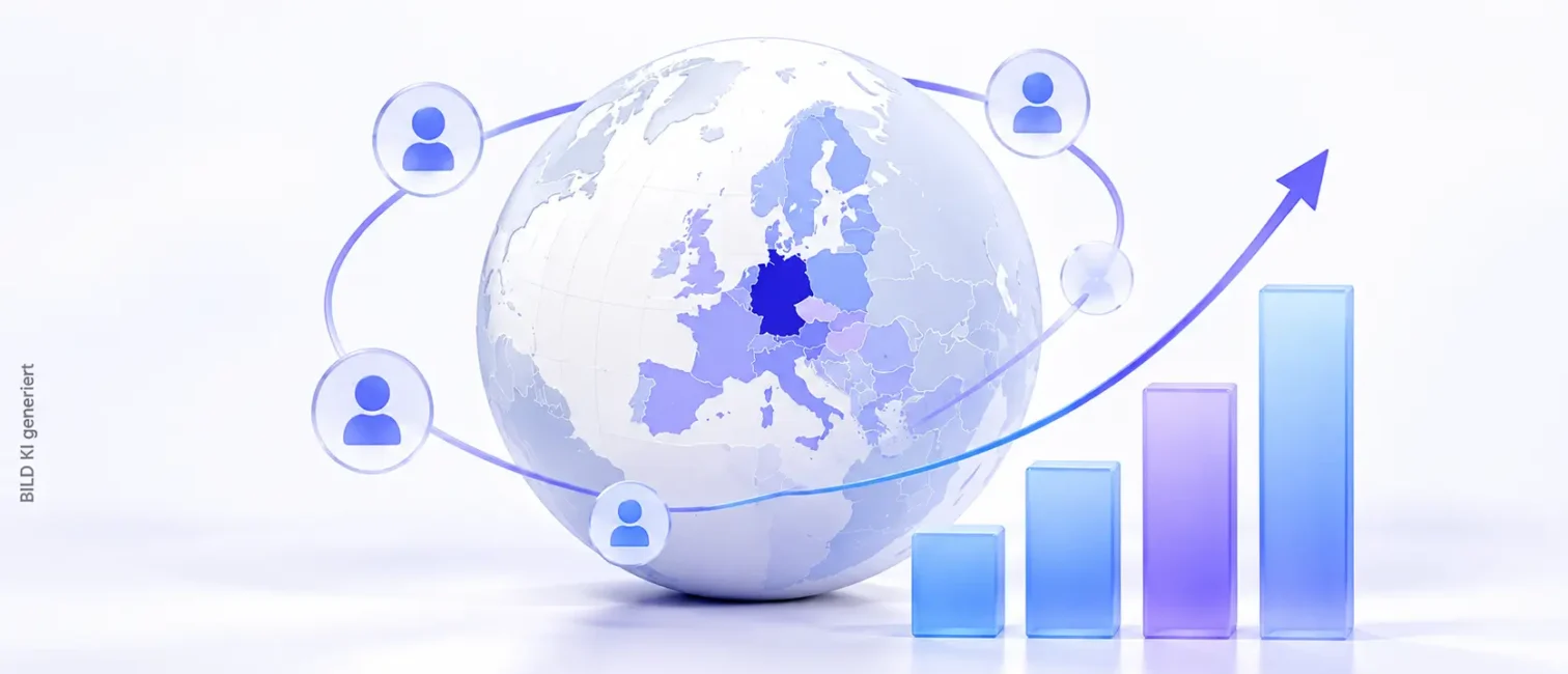 Globus mit hervorgehobenem Deutschland, verbundenen Nutzer-Symbolen und ansteigender Grafik zur KI-Nutzung.