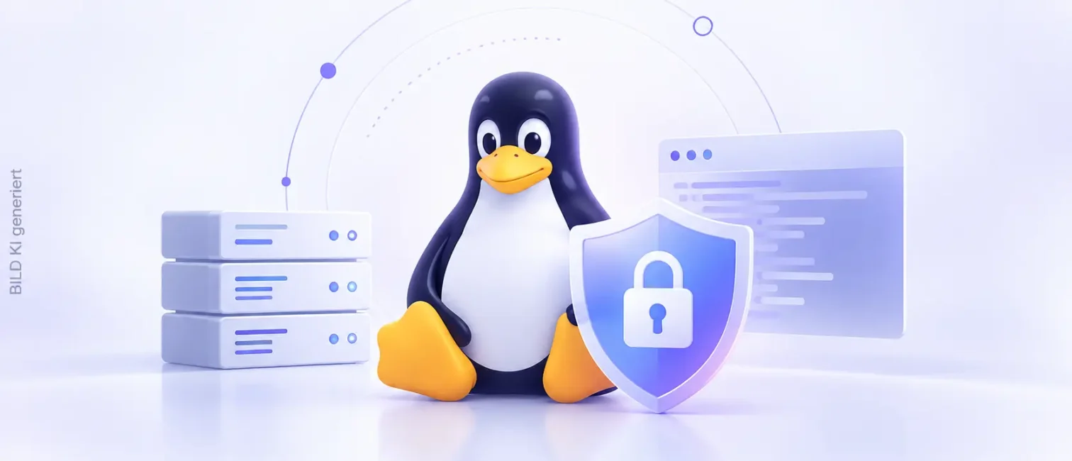 Linux-Pinguin vor Servern und Schutzschild als Symbol für aktiv ausgenutzte Linux-Sicherheitslücken.