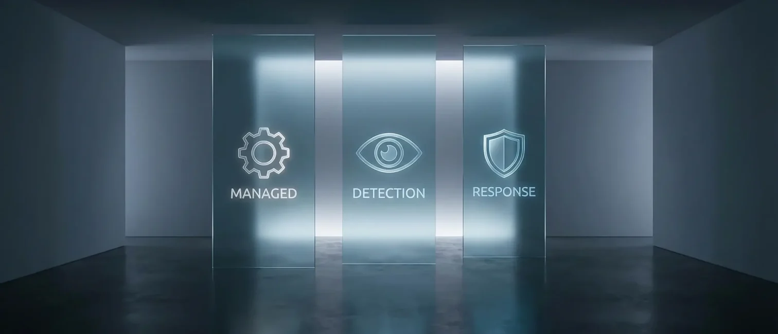 MDR Security: Symbolbild mit den drei Bausteinen Managed, Detection und Response