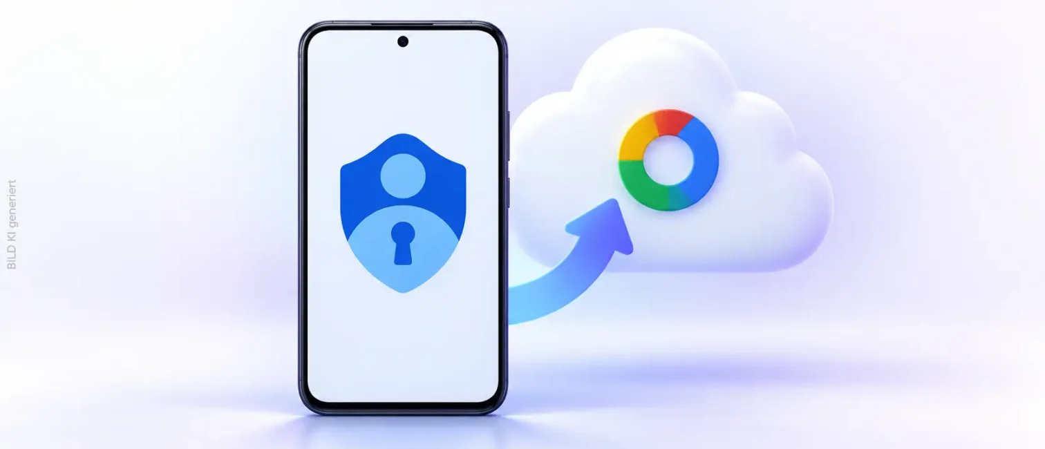 Smartphone mit Authenticator-Schutzsymbol und Sicherungspfeil zu einer Cloud mit Google-Farben auf hellem Hintergrund.