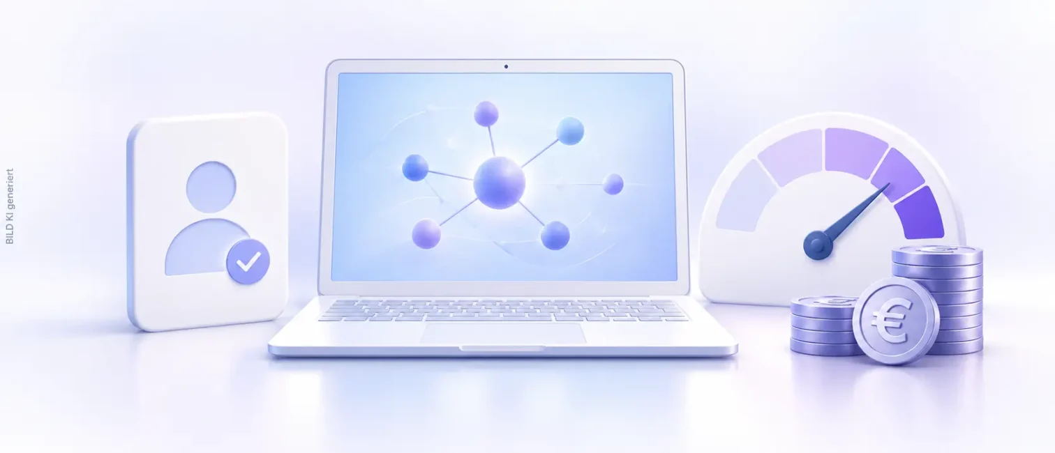 Ein Laptop mit KI-Symbol steht zwischen einer Nutzerlizenzkarte und einem Verbrauchszähler mit Euro-Münzen.