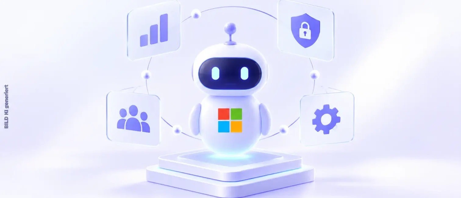 Zentraler KI-Agent mit Symbolen für Sicherheit, Zusammenarbeit und Steuerung als Motiv für Microsofts Agentenstrategie.