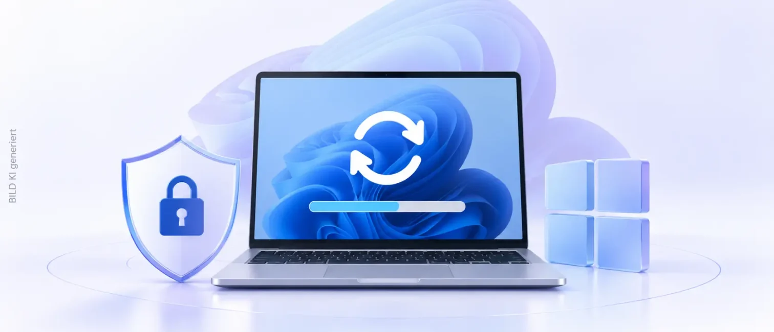 Helles Tech-Motiv mit Laptop, Update-Symbol, Fortschrittsbalken und Schutzschild zum Microsoft Patchday September 2026.