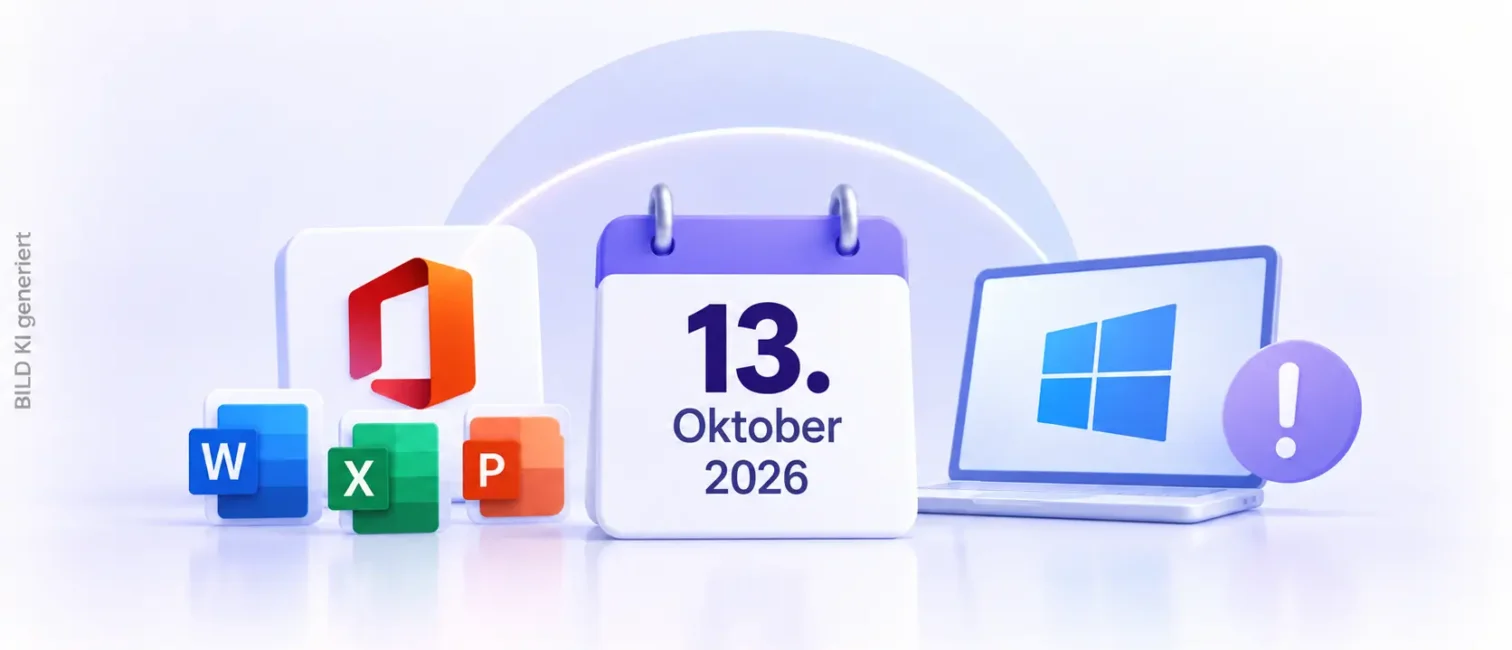 Office-Symbole, Windows-Laptop und Kalender zum 13. Oktober 2026 als Hinweis auf das Microsoft-Supportende.