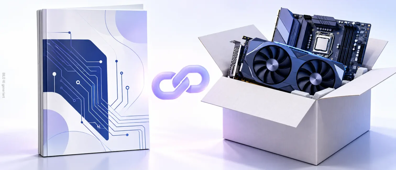 Fachzeitschrift und Versandkarton mit Grafikkarte und Mainboard, verbunden durch ein violettes Kettensymbol.