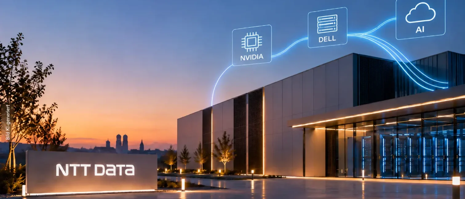 NTT DATA Rechenzentrum bei Sonnenuntergang mit vernetzter KI-Infrastruktur und Hinweisen auf NVIDIA, Dell und AI.