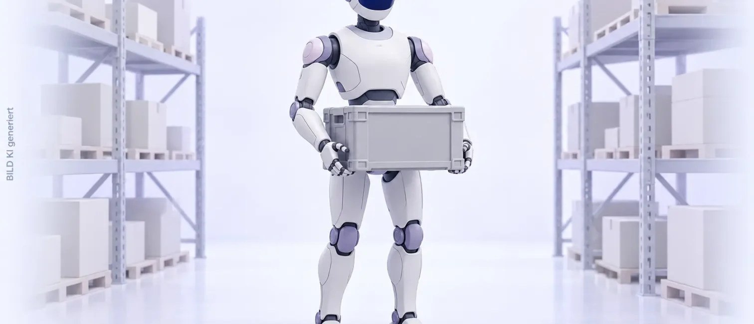 Ein weißer humanoider Roboter trägt eine Transportkiste zwischen hellen Lagerregalen in einer reduzierten Illustration.