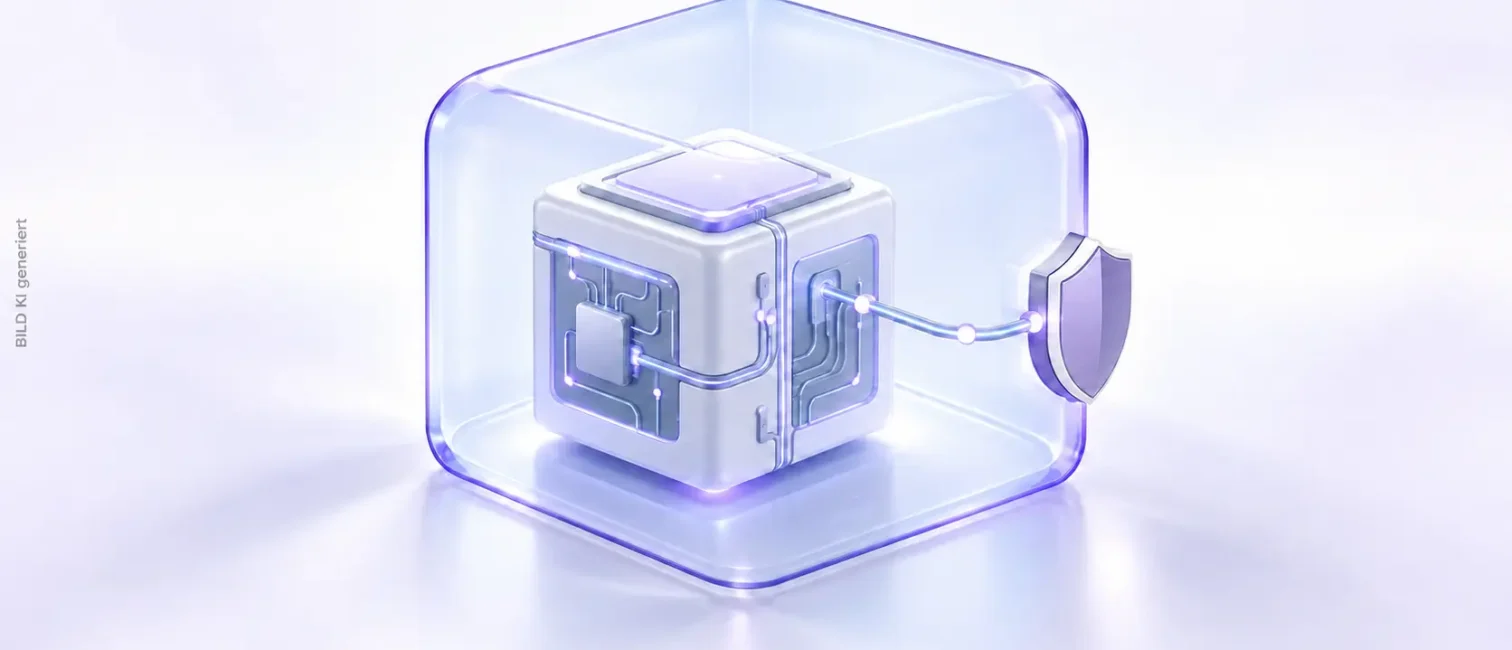 Ein KI-Würfel steht in einer transparenten Schutzumgebung, deren Grenze durch ein violettes Schild gesichert ist.