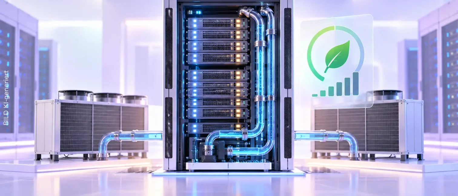 KI-Server mit Flüssigkeitskühlung und Energiesparsymbol in einem modernen Rechenzentrum zur Darstellung von NVIDIA DSX.