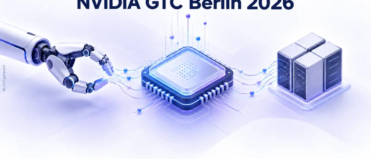 Roboterhand und Server sind mit einem zentralen KI-Chip verbunden; darüber steht „NVIDIA GTC Berlin 2026“.