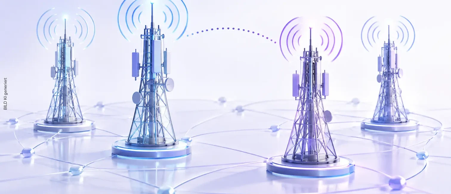 Vier stilisierte Mobilfunkmasten stehen getrennt auf einer hellen Netzfläche; eine gepunktete Linie verbindet zwei davon.