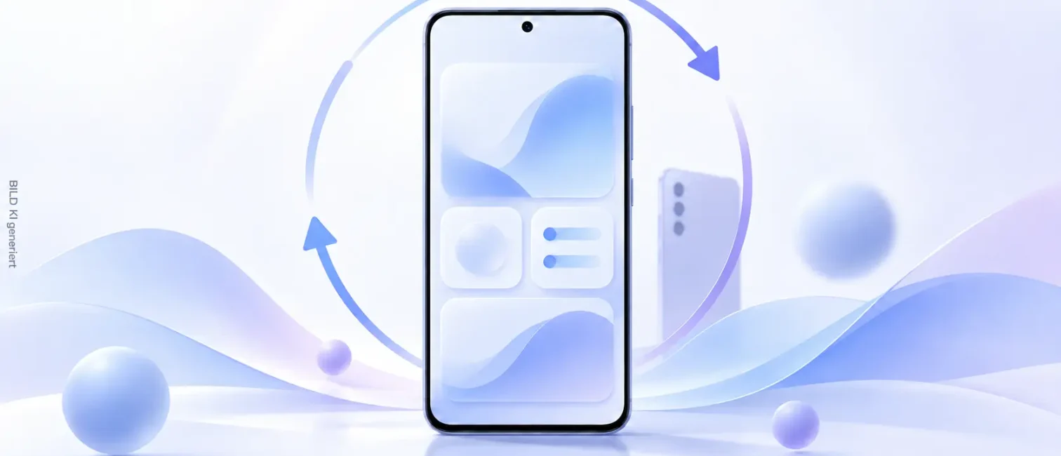 Ein Smartphone mit abstrakter Oberfläche steht mittig vor hellem Hintergrund und einem kreisförmigen Update-Pfeil.