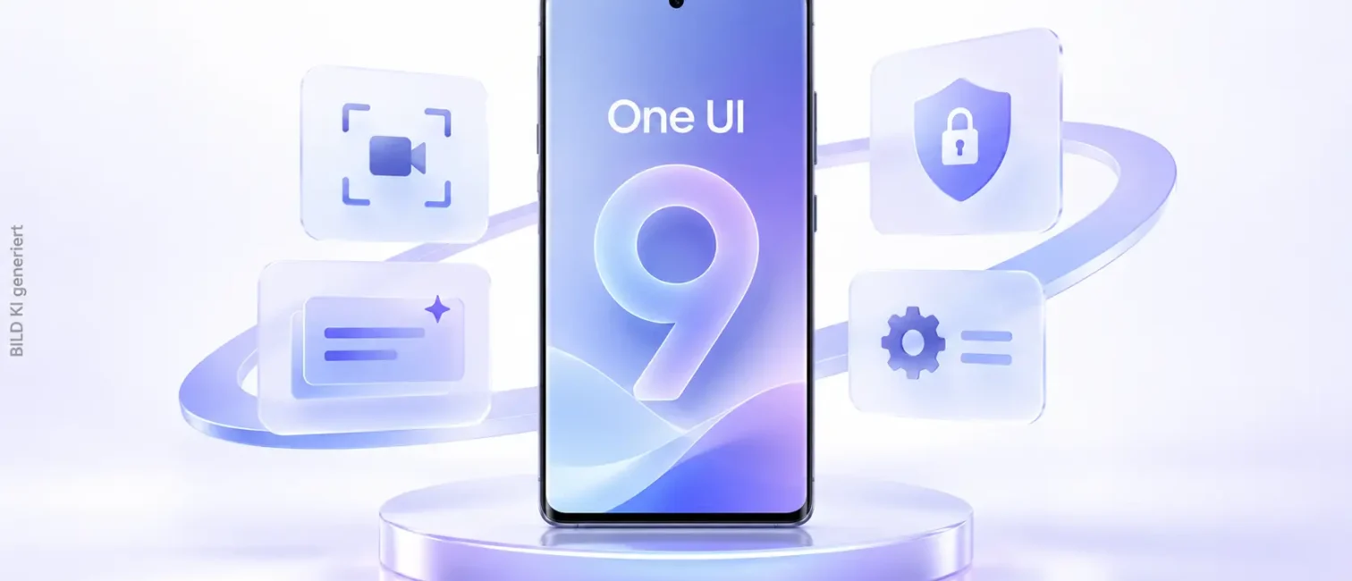 Smartphone mit One UI 9, umgeben von Symbolen für Sicherheit, Video und Einstellungen auf hellem Hintergrund.