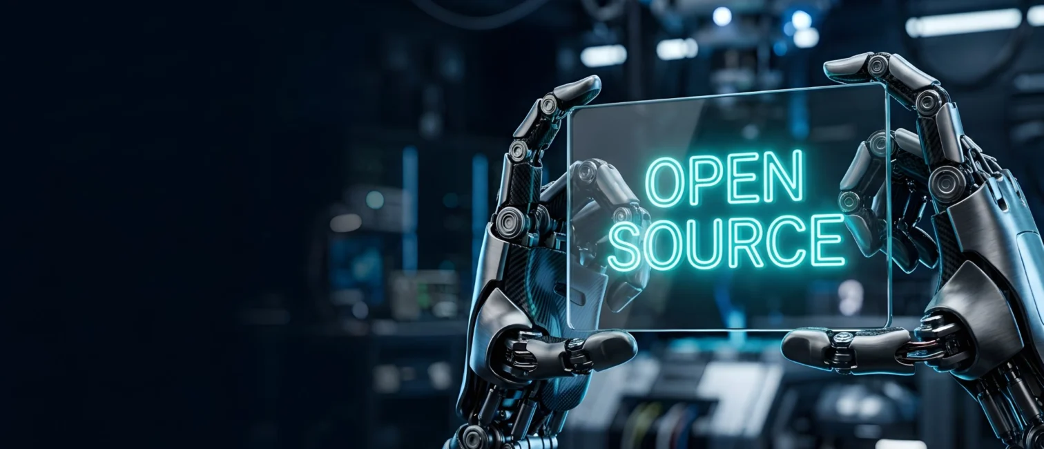 Roboterhände halten eine Glasscheibe mit dem Leuchtschriftzug Open Source