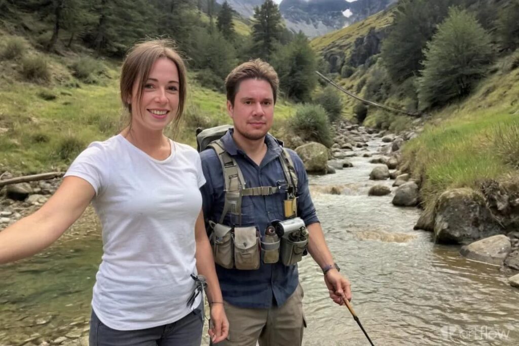 Phising: Martina & Hendrik mit Angelausrüstung im Fluss