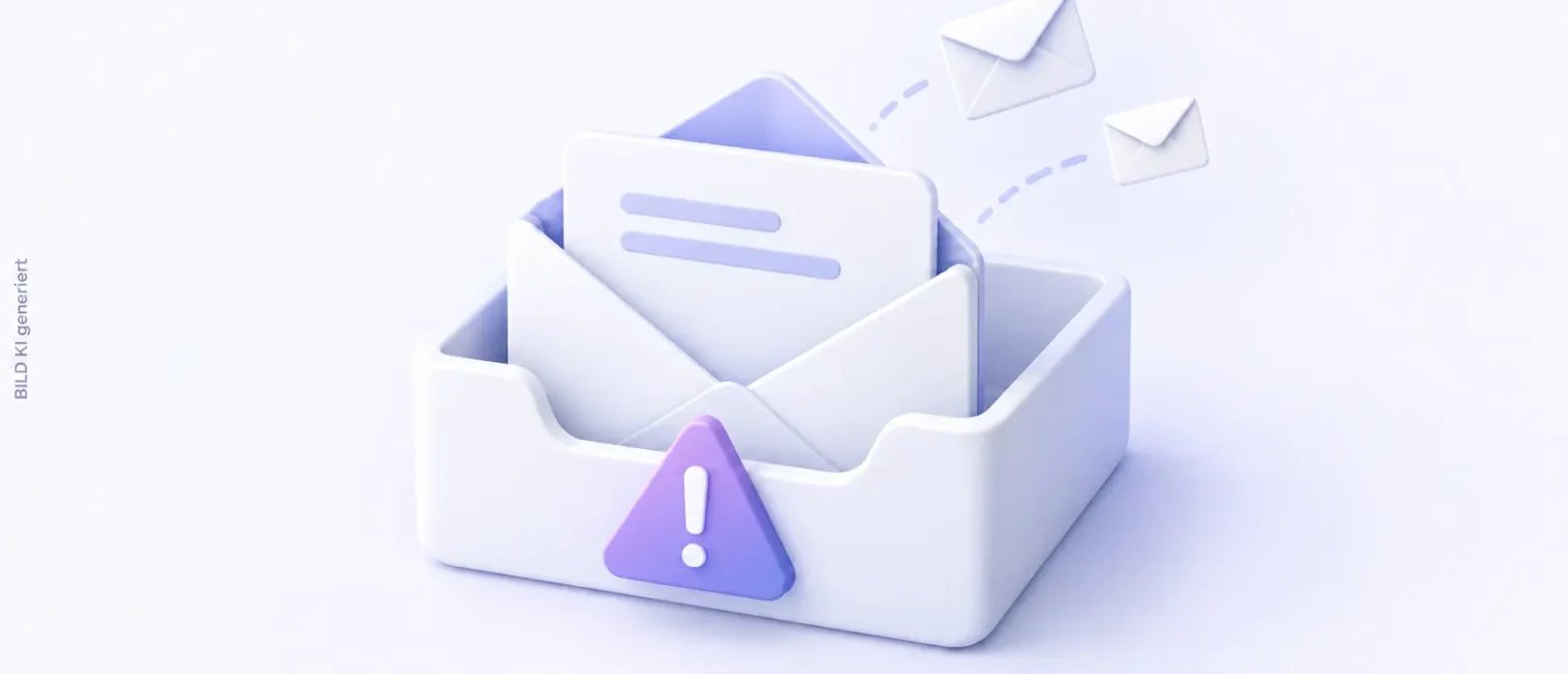 Weißes E-Mail-Postfach mit Briefumschlägen, ausgehenden Nachrichten und violettem Warnsymbol auf hellem Hintergrund.