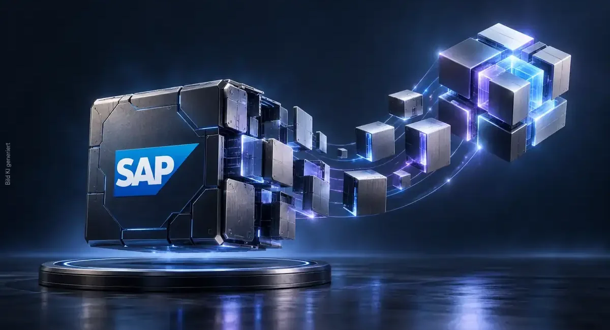 SAP-Block, der sich in einzelne Module auflöst und als neue Systemstruktur wieder zusammensetzt, als Sinnbild für die Ablösung von SAP ECC