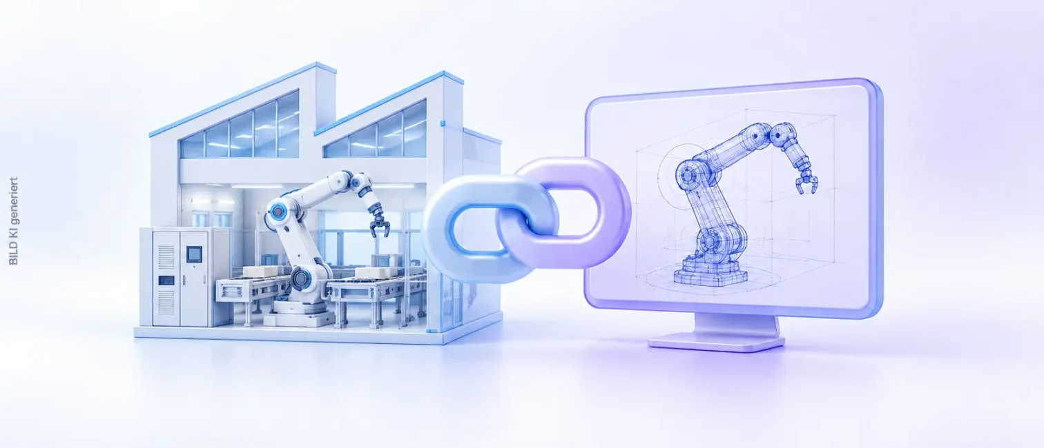 Eine Fabrik mit Roboterarm und ein Bildschirm mit digitalem Konstruktionsmodell sind durch Kettenglieder verbunden.
