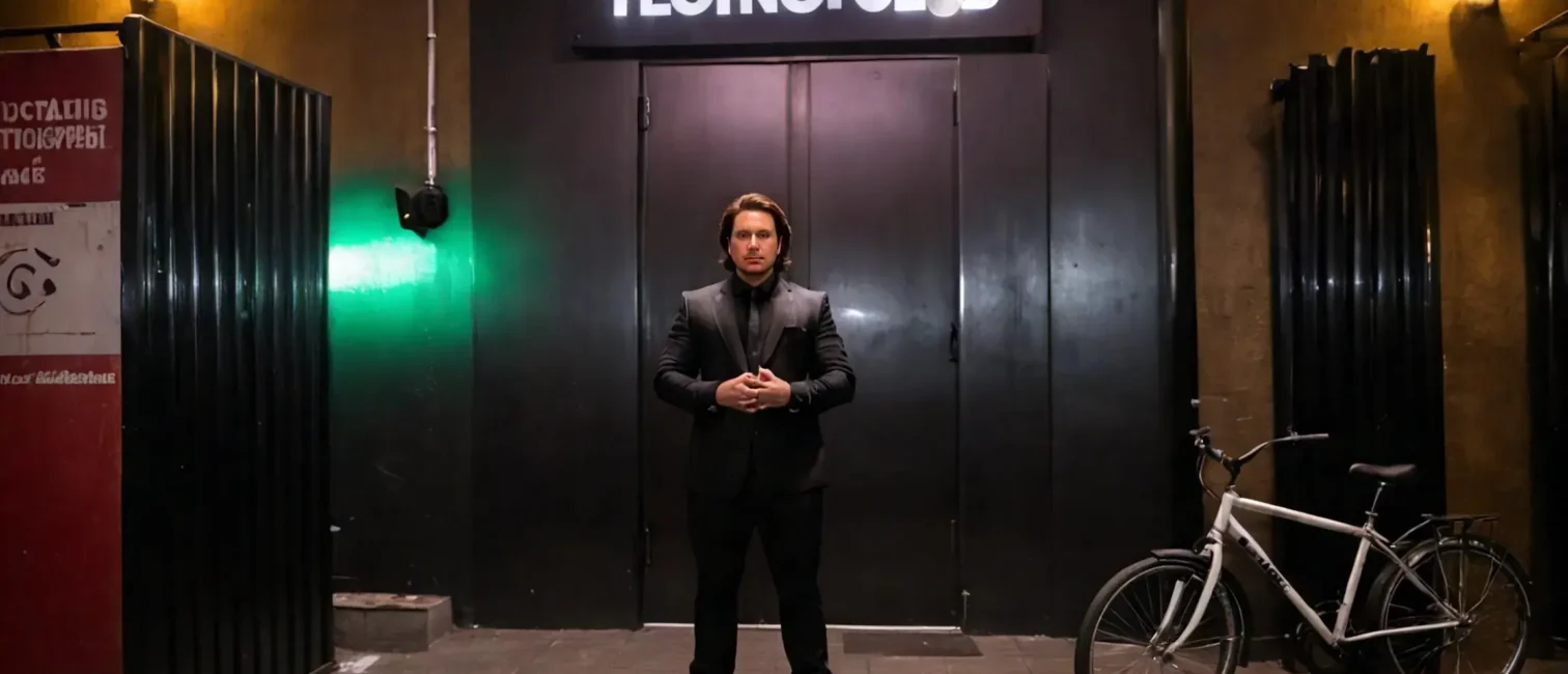 Hendrik im schwarzen Anzug als Türsteher vor dem Eingang eines Techno Club.