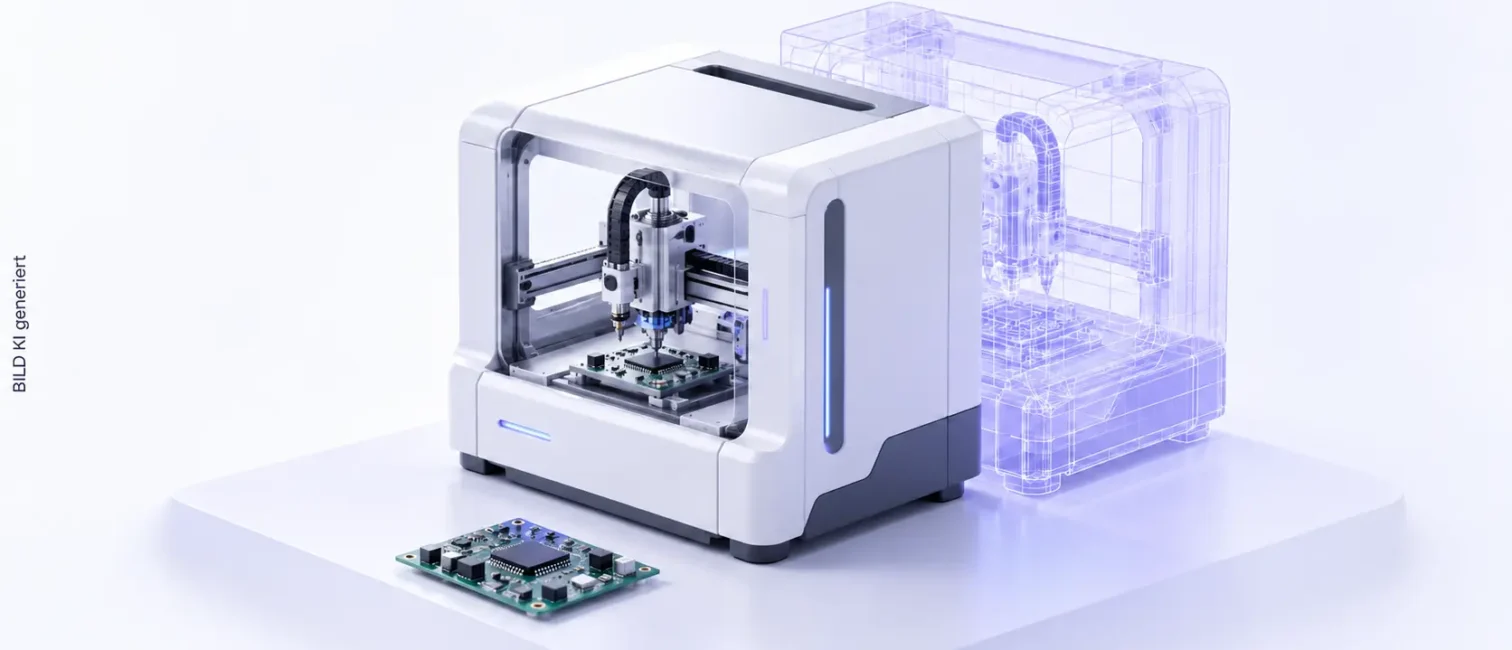 Helle Produktionsanlage mit digitalem Zwilling und Leiterplatte vor weißem Hintergrund mit lavendelfarbenen Akzenten.