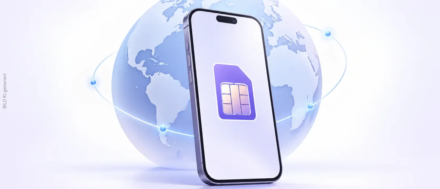 Smartphone mit violettem SIM-Symbol vor einer hellblauen Weltkugel mit Verbindungslinien für internationalen Mobilfunk.