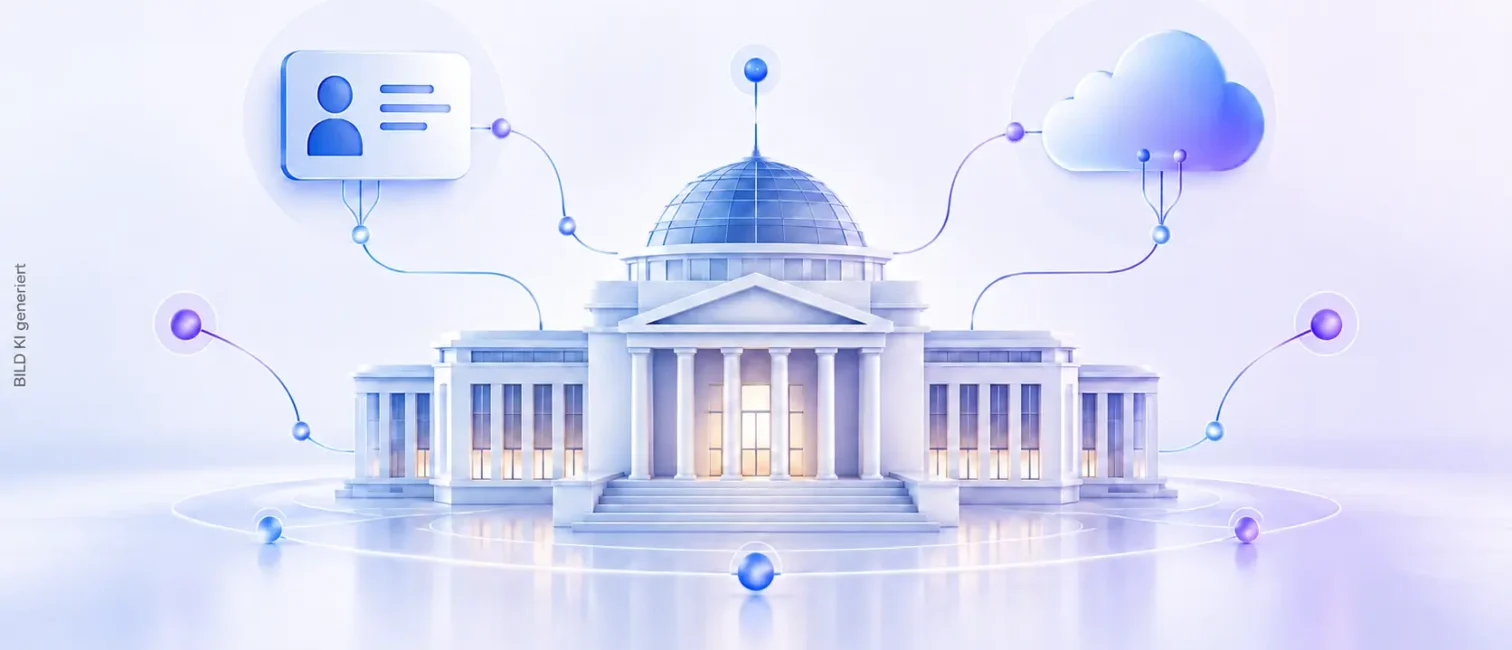 Digital vernetztes Verwaltungsgebäude mit Ausweis und Cloud; darüber steht „Smart Country Convention 2026“.