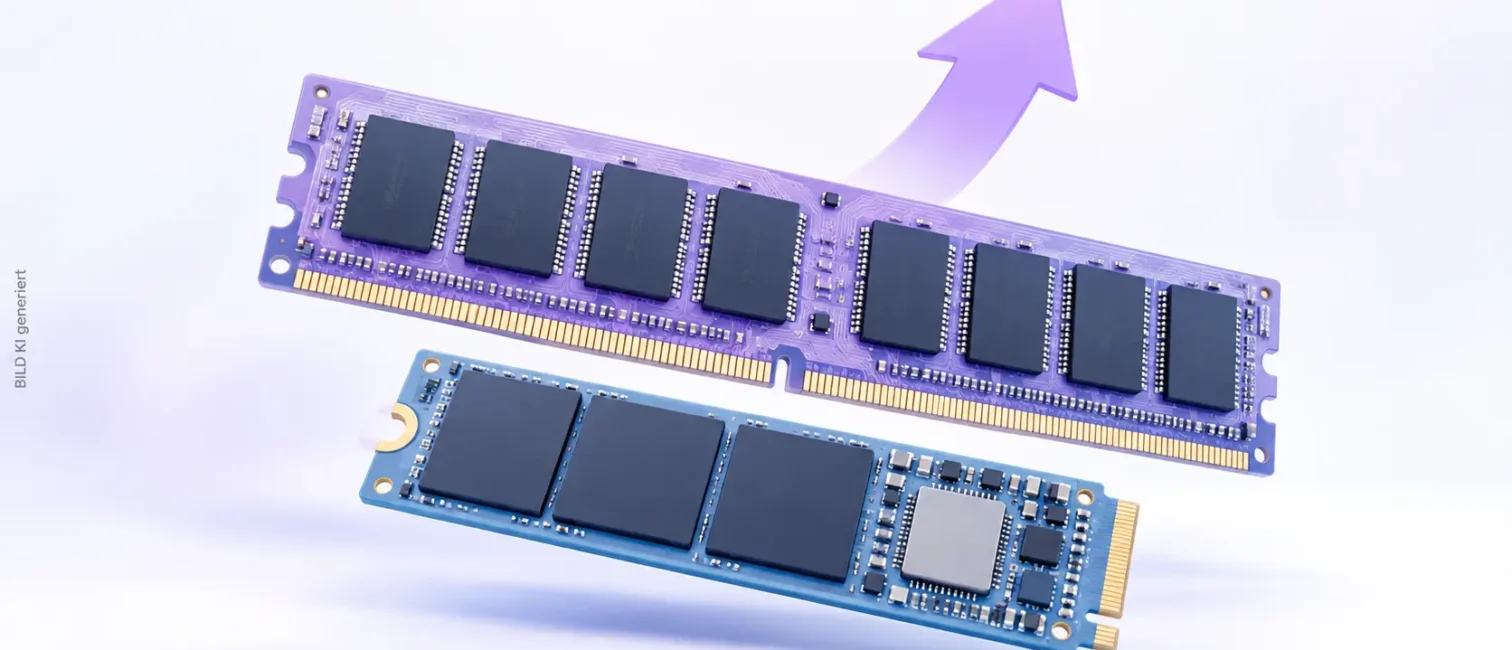 RAM-Modul und SSD vor hellem Hintergrund mit violettem Aufwärtspfeil als Symbol für steigende Speicherpreise.