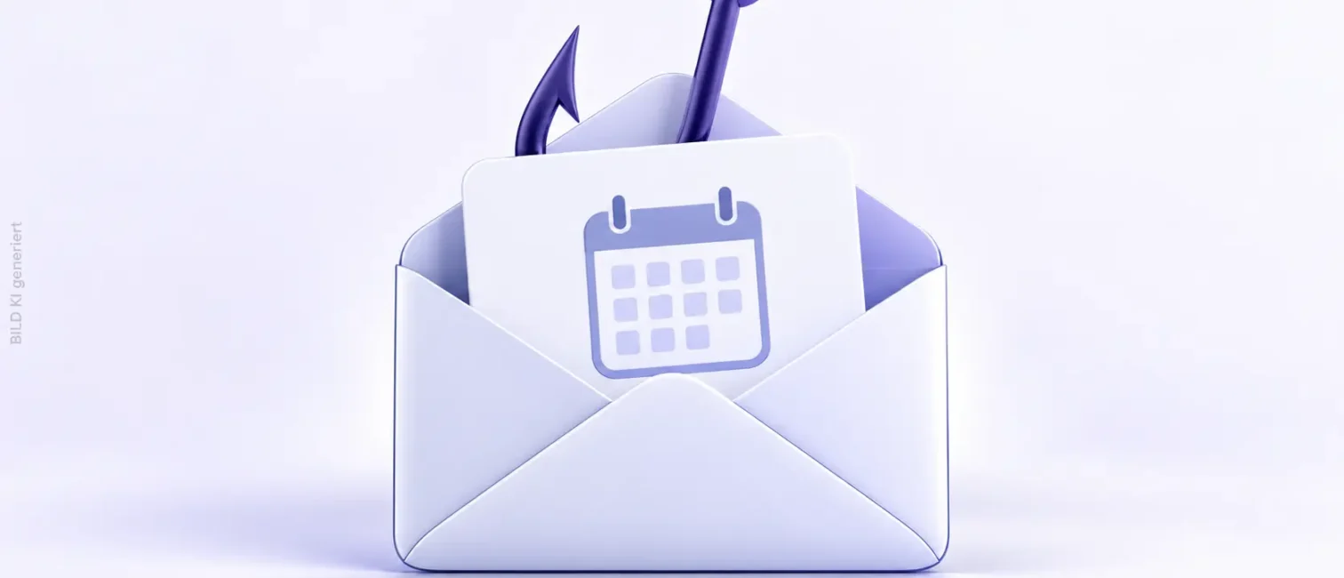 Ein heller Briefumschlag mit Einladungskarte und verborgenem violettem Angelhaken symbolisiert Phishing.