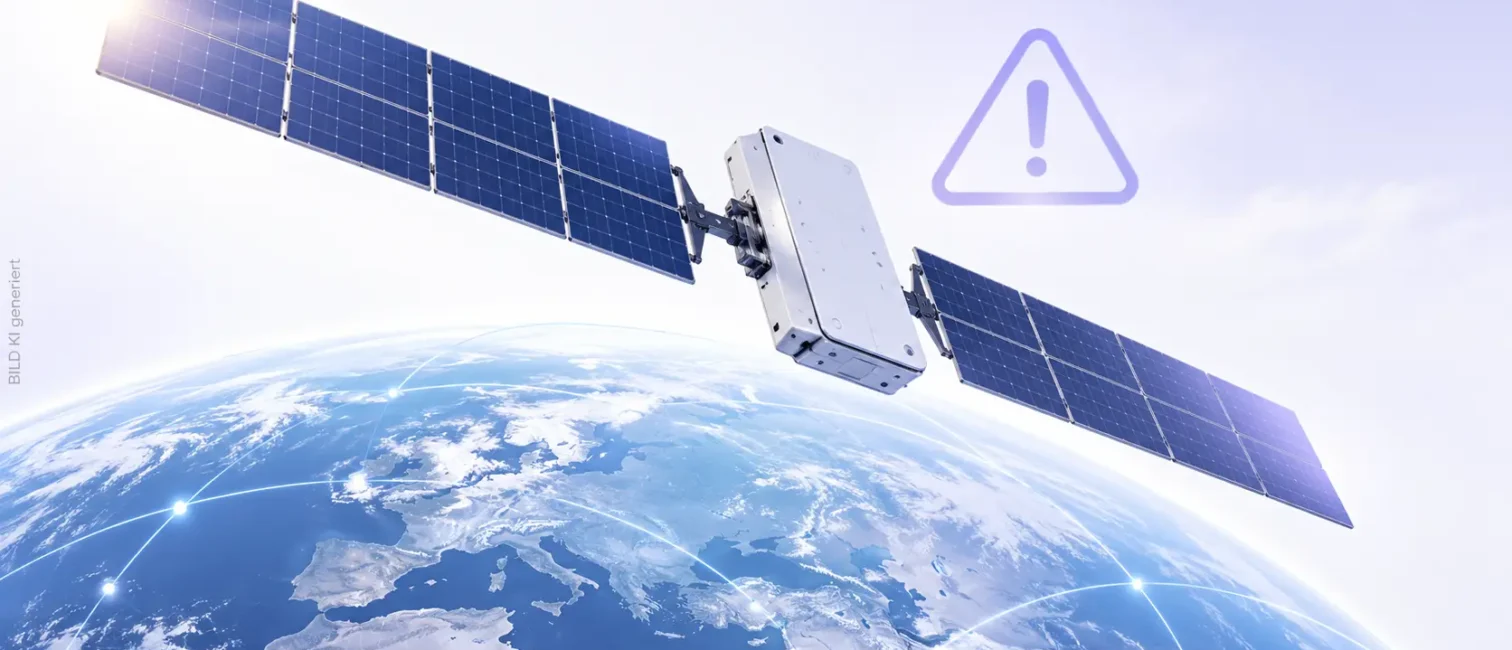 Kommunikationssatellit mit blauen Solarpanels über der Erde, daneben ein violettes Warnsymbol für eine Bedrohung.