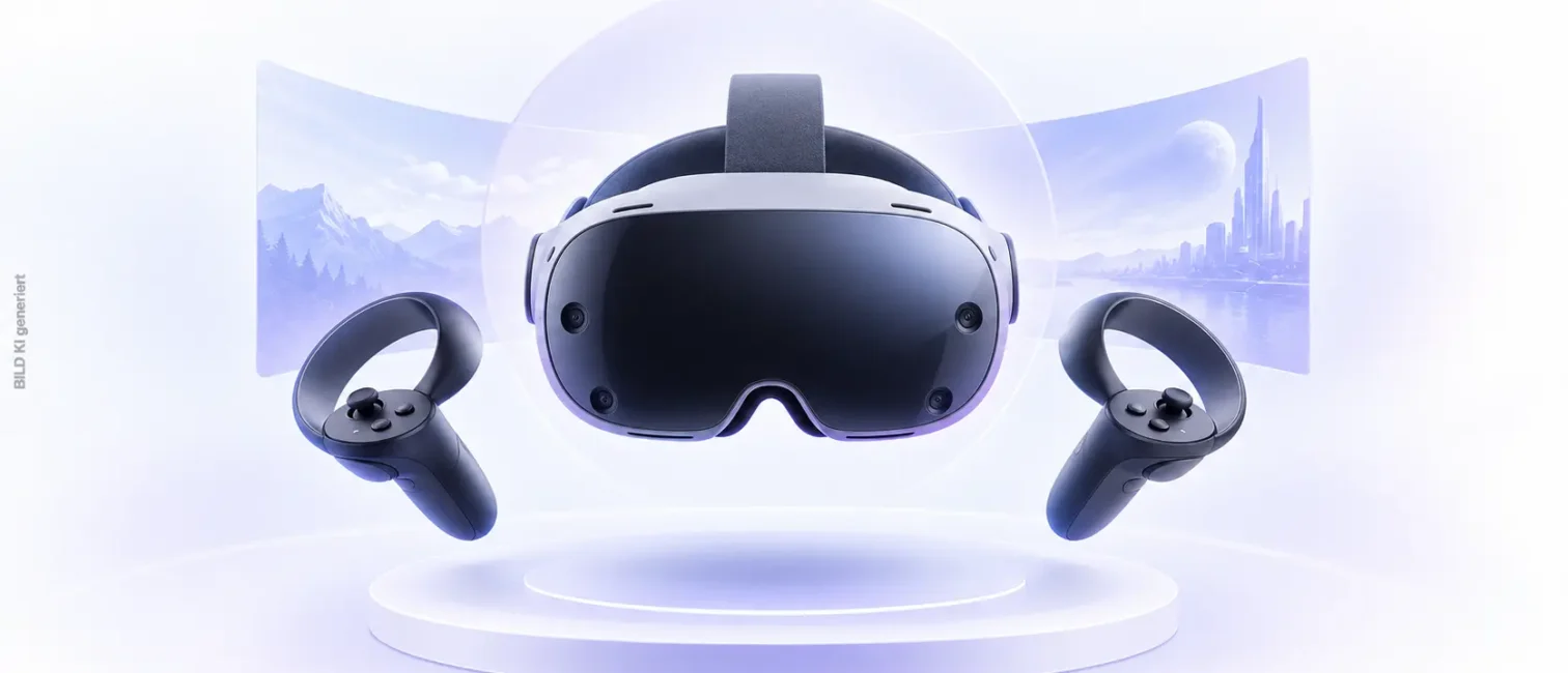 VR-Brille mit zwei Controllern vor virtuellen Displays als Symbol für Valves Steam Frame.