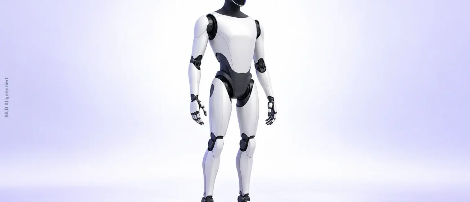 Ein an Tesla Optimus angelehnter humanoider Roboter mit weißem Körper und schwarzem Visier vor hellem Lavendelhintergrund.