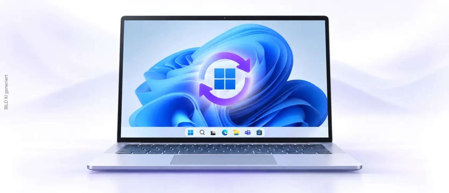Mittiger Laptop mit blauem Windows-11-Hintergrund, zentrierter Taskleiste und Windows-Symbol mit violetten Update-Pfeilen.
