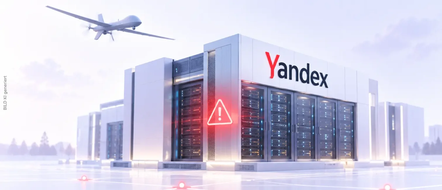 Yandex-Rechenzentrum mit Serverracks, Warnsymbol und Drohne als Hinweis auf den Angriff auf die IT-Infrastruktur.